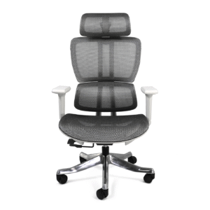 Sillón ejecutivo Montenegro gris visto de frente con respaldo alto en malla y asiento ergonómico.