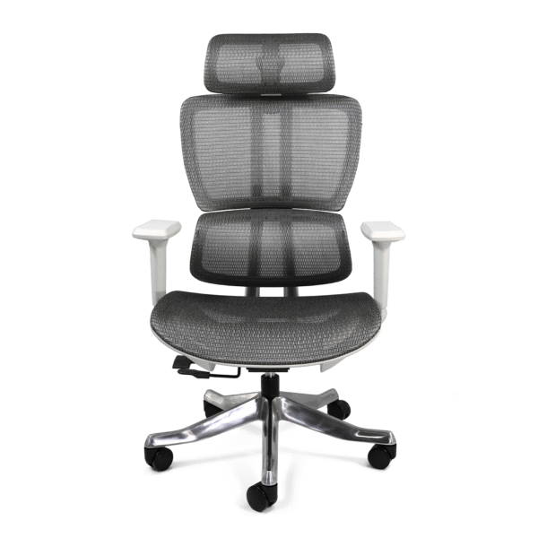 Sillón ejecutivo Montenegro gris visto de frente con respaldo alto en malla y asiento ergonómico.
