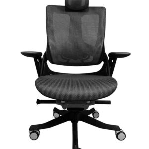 Sillón Directivo Madagascar Negro visto de frente, ergonómico con cabecera ajustable y respaldo en malla – AH Diseños.