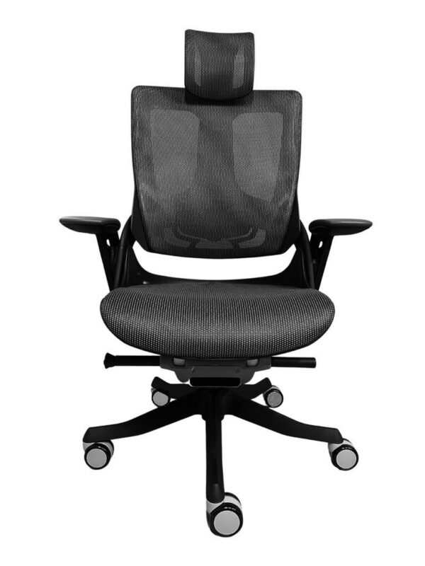 Sillón Directivo Madagascar Negro visto de frente, ergonómico con cabecera ajustable y respaldo en malla – AH Diseños.