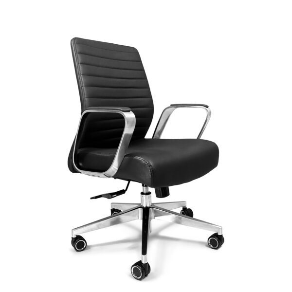 Vista lateral del Sillón Directivo Mallorca respaldo bajo en piel negra – AH Diseños