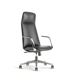 Sillón Directivo Stellar en vinil negro con respaldo alto, cabecera integrada y brazos de aluminio, ideal para oficinas ejecutivas.