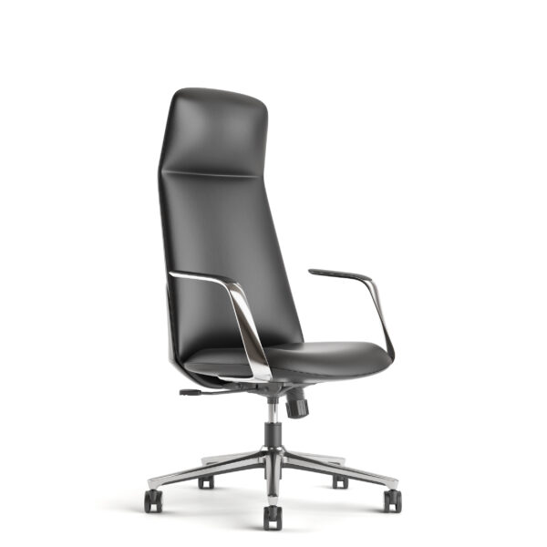 Sillón Directivo Stellar en vinil negro con respaldo alto, cabecera integrada y brazos de aluminio, ideal para oficinas ejecutivas.